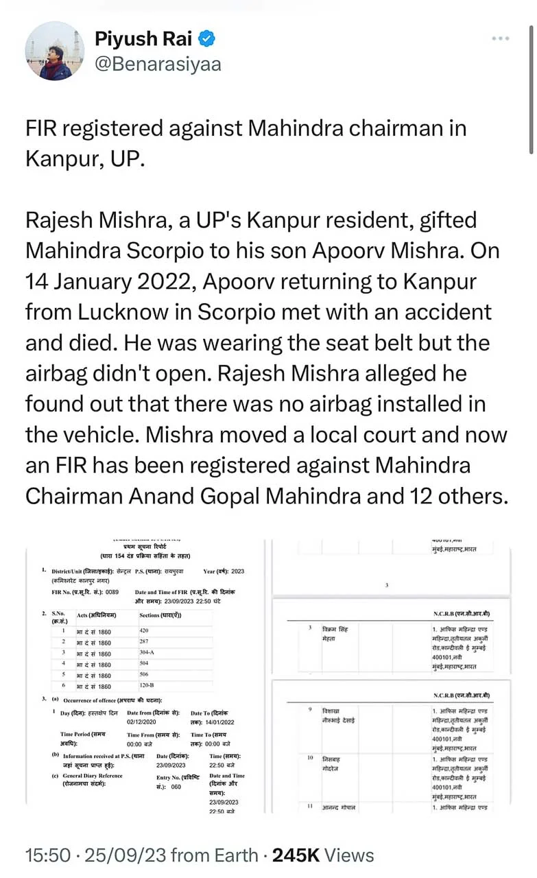 Airbag Failure in Mahindra Scorpio Leads to Death in Accident, Owner Files FIR Against Anand Mahindra