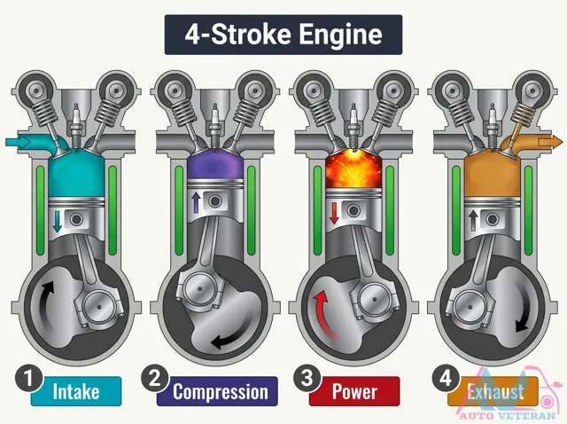 4 Stroke Engine Cycle: Intake, Compression, Power, Exhaust