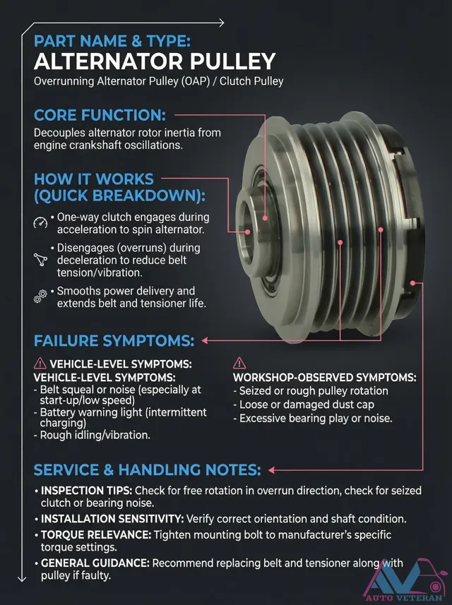 Alternator OAP Pulley Failure Symptoms and Inspection