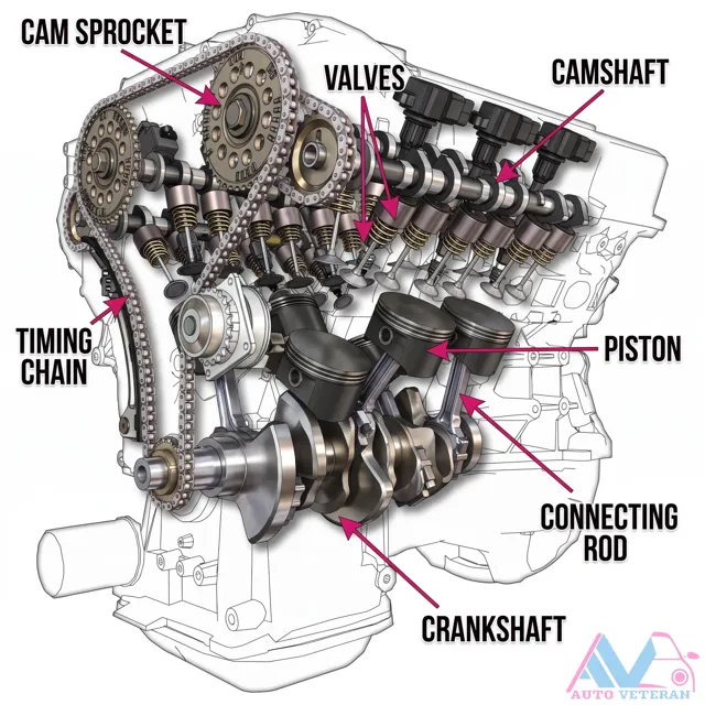 Cam Sprocket, Valves, and Timing Chain Diagram