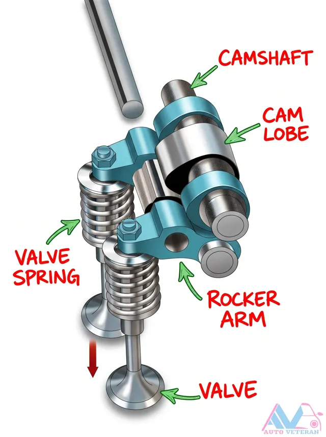 Camshaft Lobe, Valve Spring, and Rocker Arm