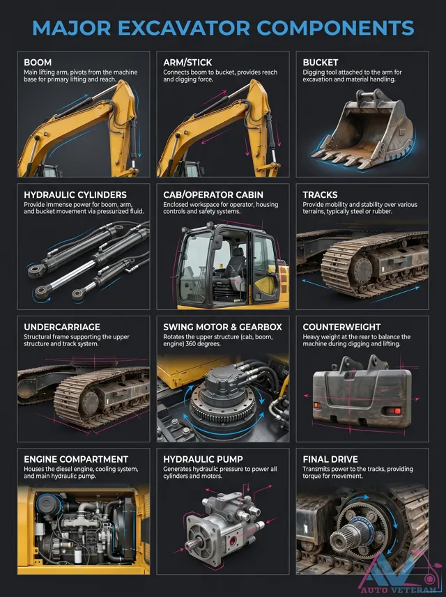 Major Excavator Components Labeled Diagram