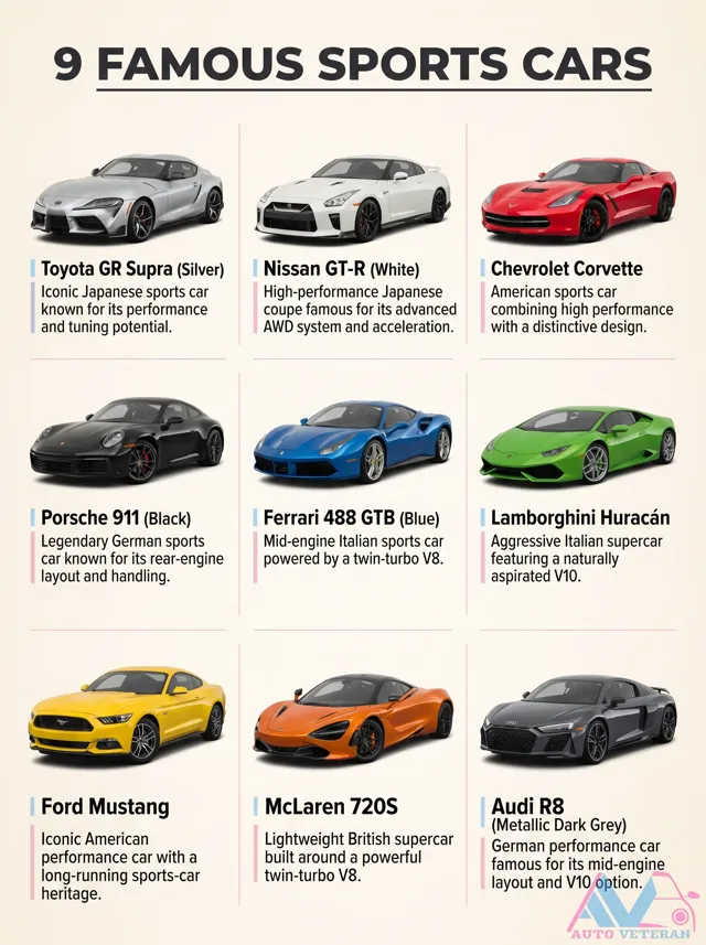 9 Iconic Sports Cars: Toyota GR, GT-R, Corvette, 911, 488, Huracan, Mustang, 720S, R8
