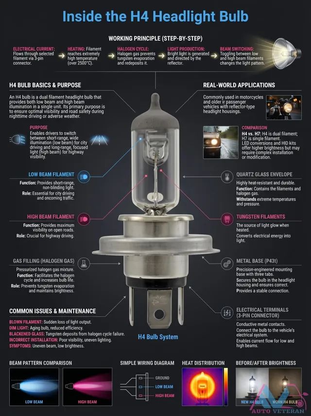 H4 Headlight Bulb Working Principle and Components