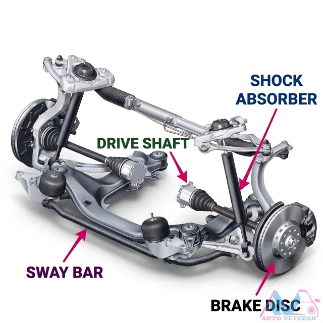 Shock Absorber and Drive Shaft with Sway Bar and Brake Disc