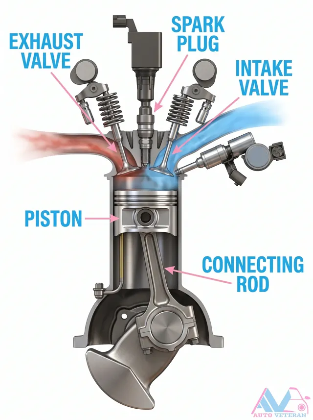 Spark Plug, Exhaust Valve, Intake Valve, Piston & Connecting Rod