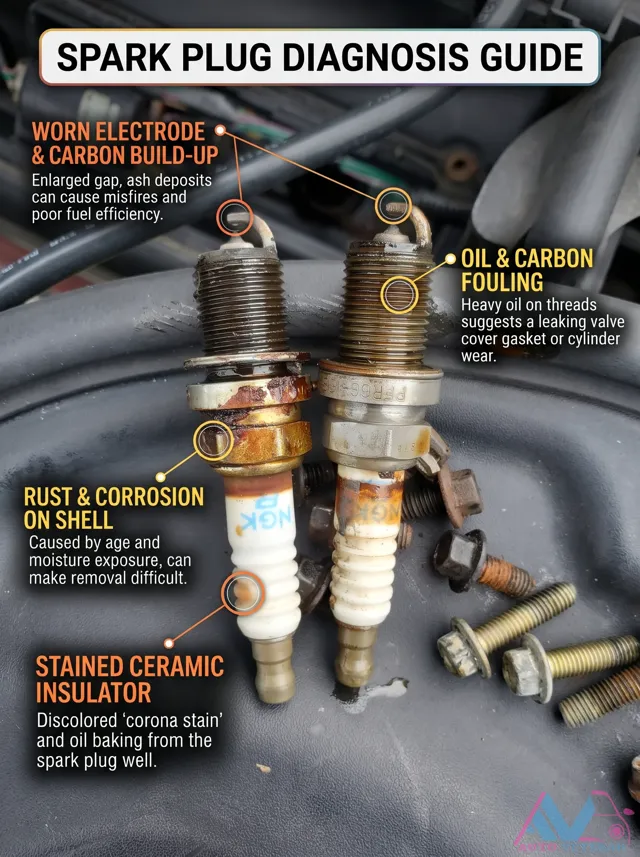 Spark Plug Diagnosis: Worn Electrode, Carbon Build-Up, and Oil Fouling