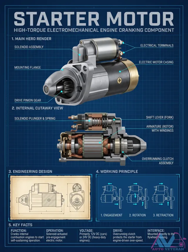 Starter Motor Cutaway with Solenoid Plunger and Shift Lever