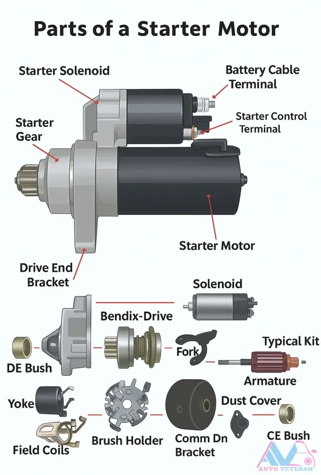 Starter Motor Parts and Solenoid Bendix Layout