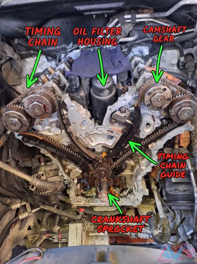 Timing Chain Housing Components: Oil Filter, Camshaft, Chain Guide