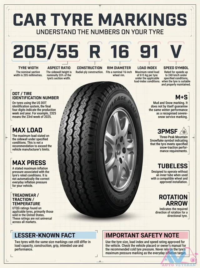 Tyre Markings Explained: 205/55 R16 91T