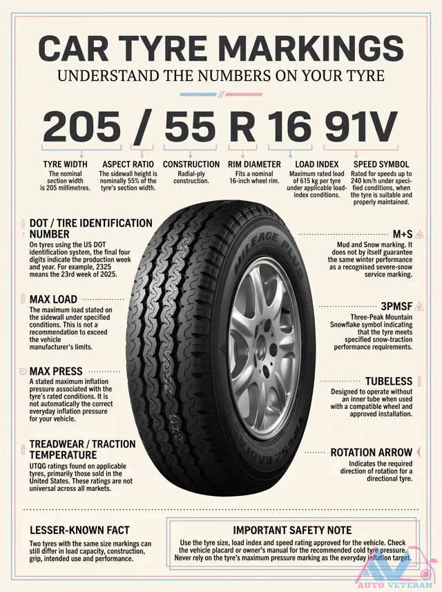 Tyre Sidewall Markings: 205/55R16 91V Explained