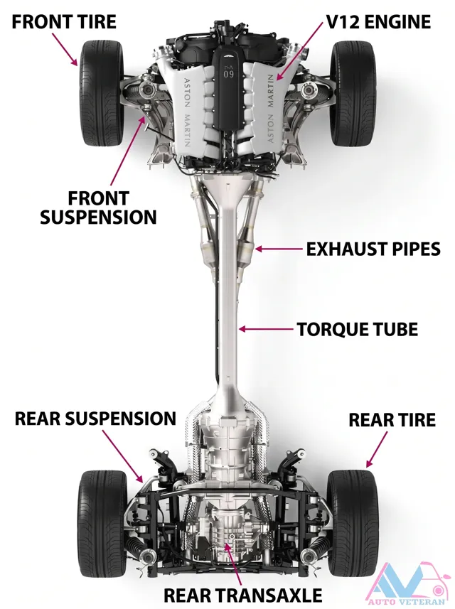 V12 Engine Layout with Front Tire, Suspension, Exhaust Pipes, Torque Tube, and Rear Transaxle