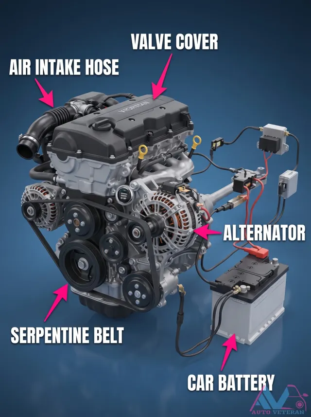 Valve Cover, Intake Hose, Alternator, Serpentine Belt & Battery Layout
