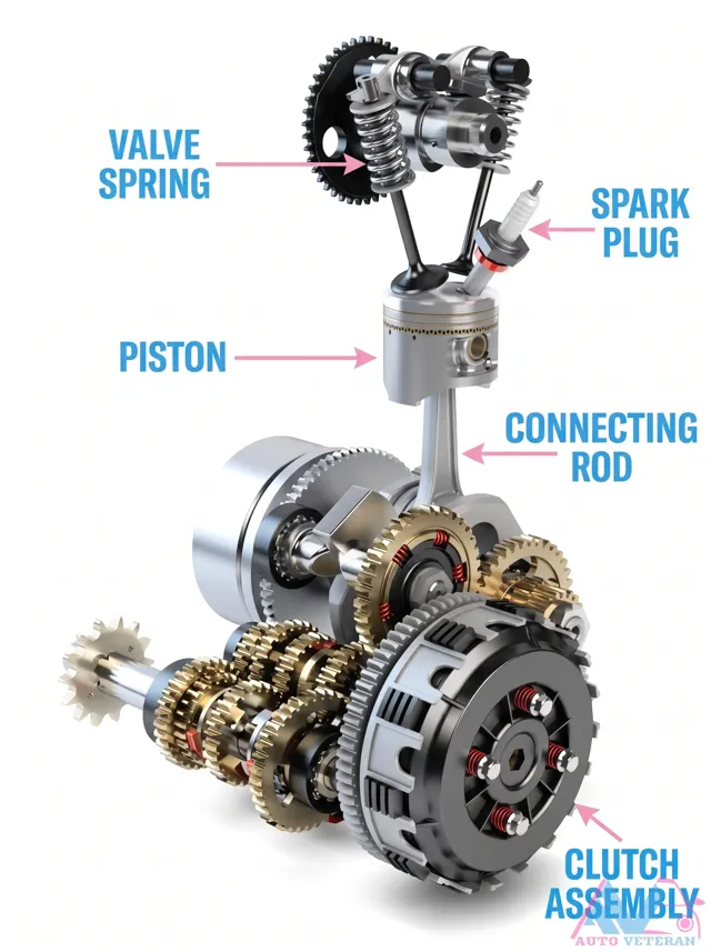 Valve Spring, Spark Plug, Piston, Connecting Rod, and Clutch Assembly